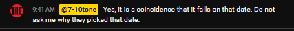 Screenshot of livestream chat, 8th July, 2026 revealing there is no reason behidn the 7/10 date