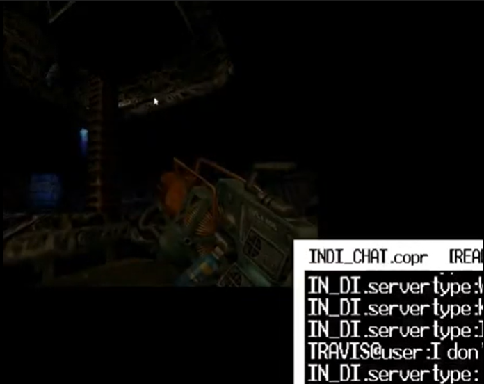 Half Life gameplay video with .copr chat between INDI and Travis in the bottom right corner.