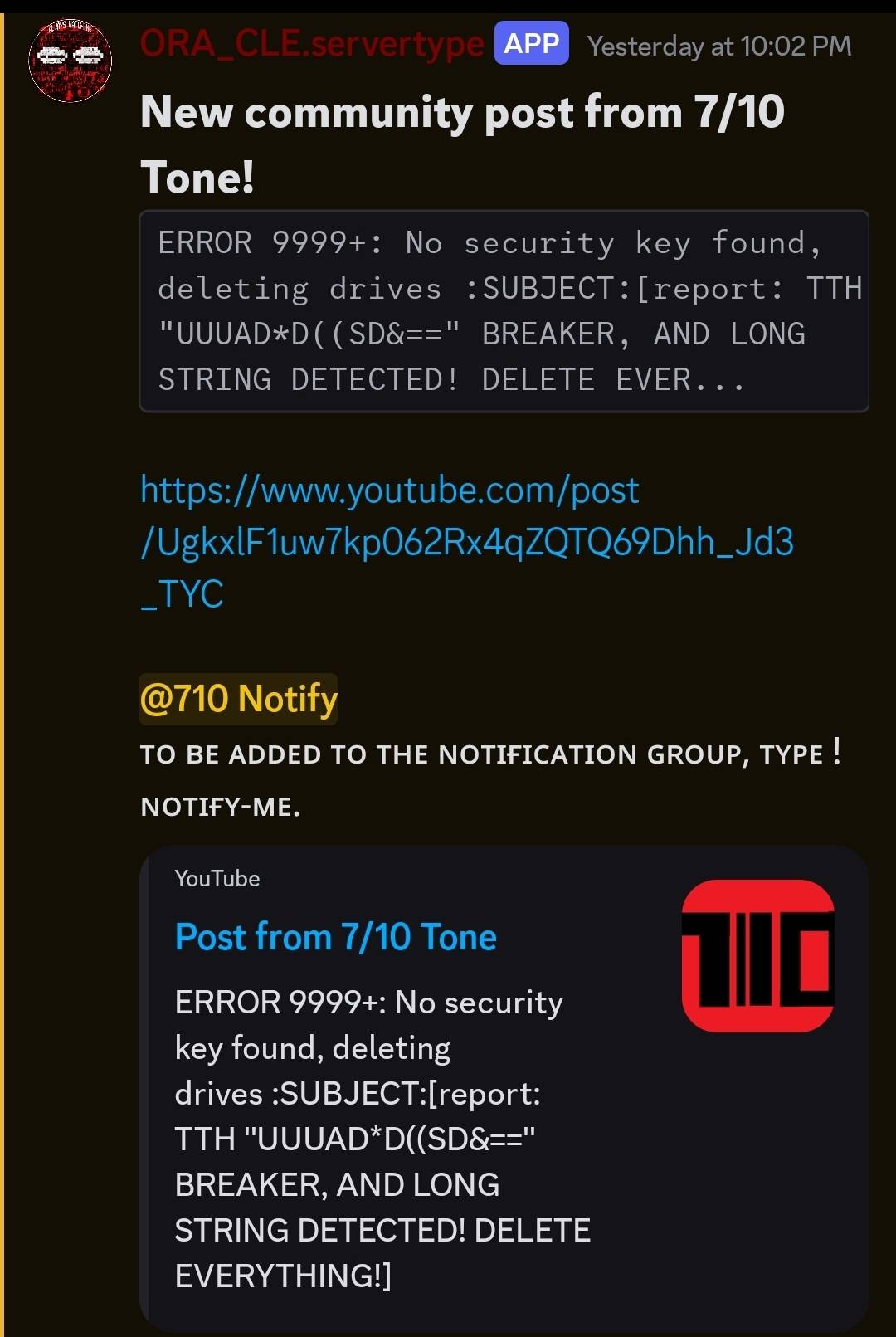 Ping from The Oracle in The Sleuths Discord server about the new community post that went along with the purge